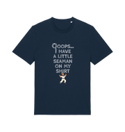 navy funny offensive t-shirt with the graphic of a sailor on and the slogan 'oops i have a little seaman on my chest'