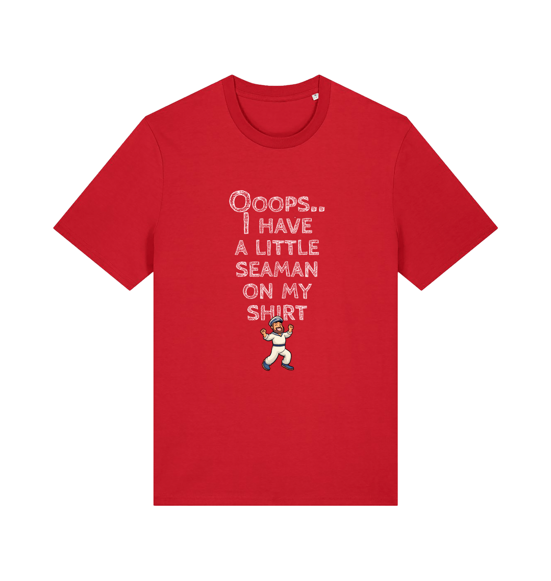 red funny offensive t-shirt with the graphic of a sailor on and the slogan 'oops i have a little seaman on my chest'