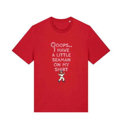 red funny offensive t-shirt with the graphic of a sailor on and the slogan 'oops i have a little seaman on my chest'