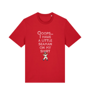 red funny offensive t-shirt with the graphic of a sailor on and the slogan 'oops i have a little seaman on my chest'
