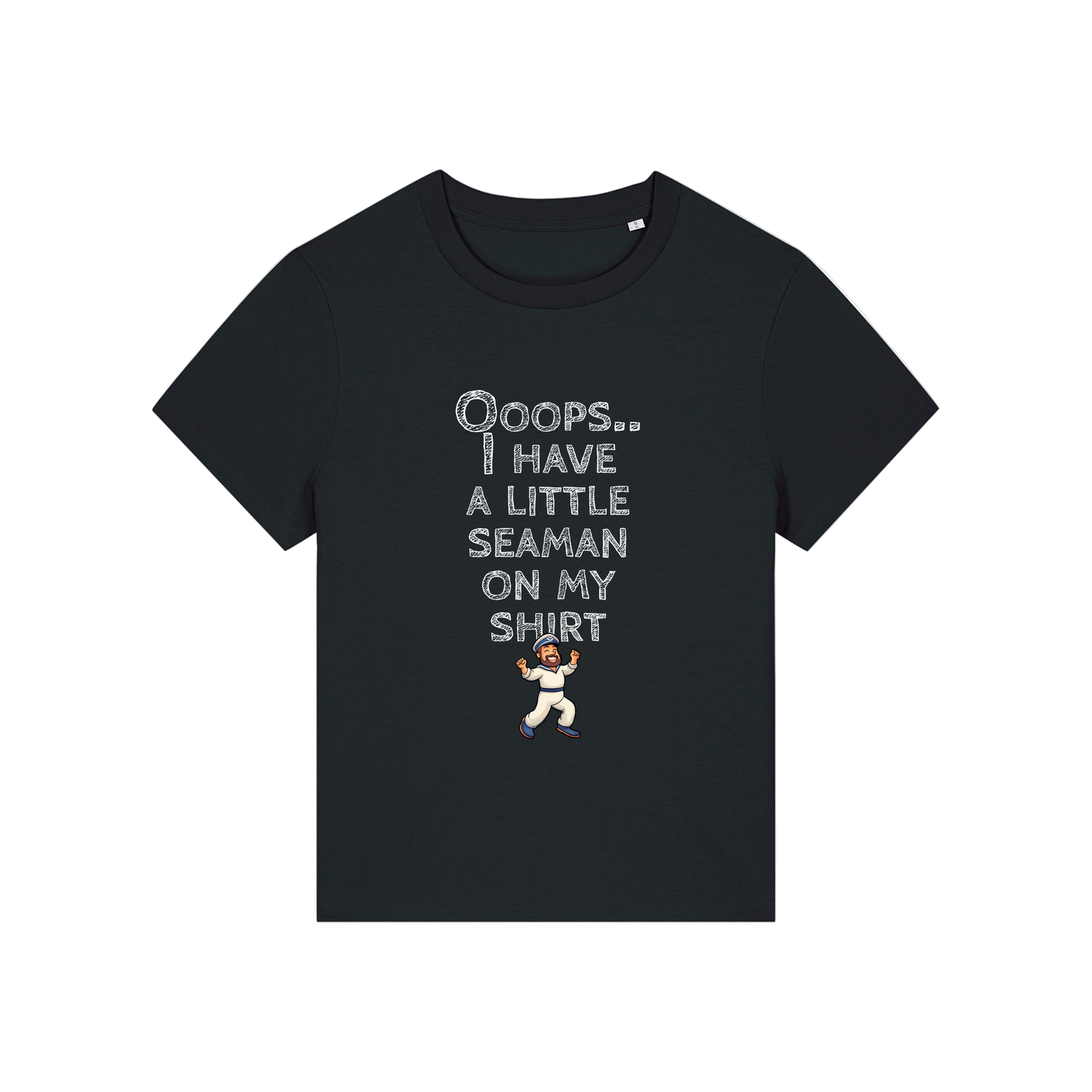 black funny slogan t-shirt that reads' oops i have a little seaman on my shirt'