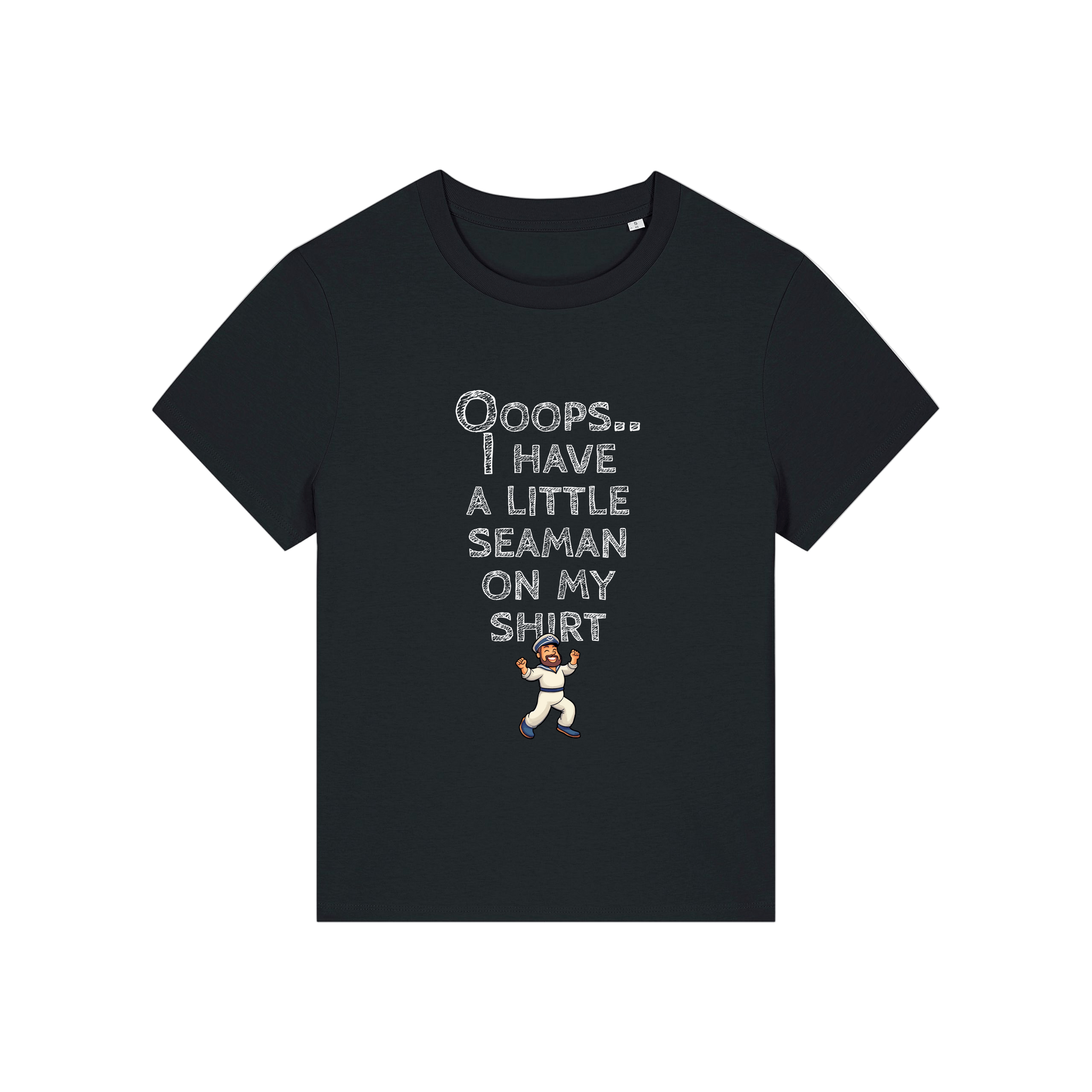 black funny slogan t-shirt that reads' oops i have a little seaman on my shirt'