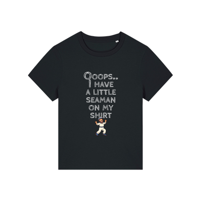 black funny slogan t-shirt that reads' oops i have a little seaman on my shirt'
