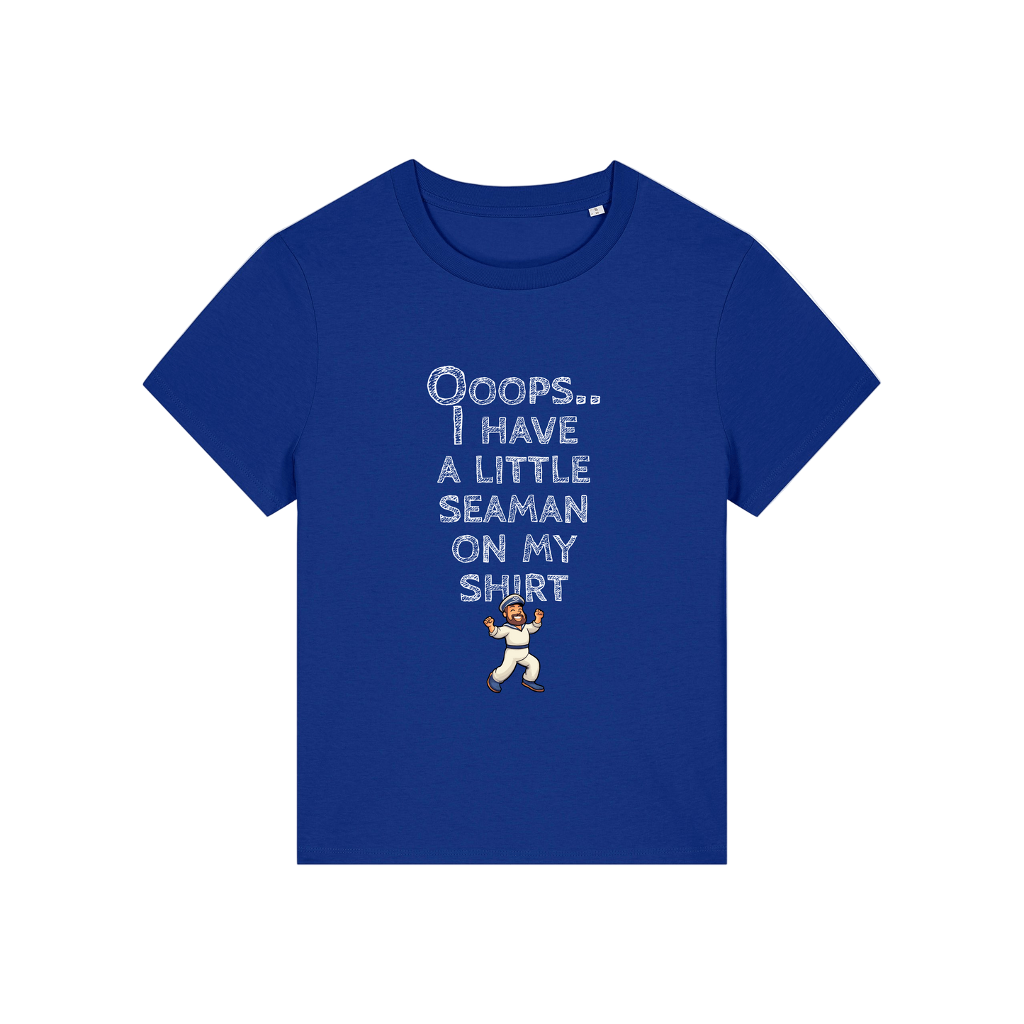 blue funny slogan t-shirt that reads' oops i have a little seaman on my shirt'