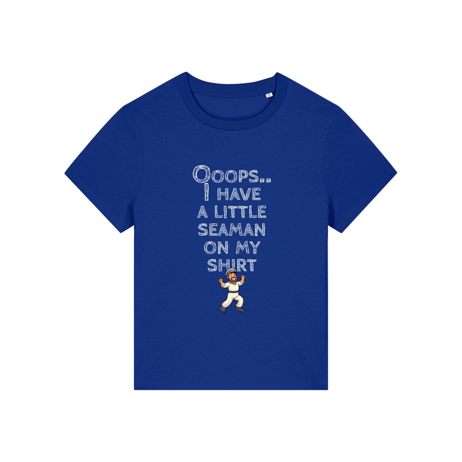 blue funny slogan t-shirt that reads' oops i have a little seaman on my shirt'