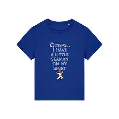 blue funny slogan t-shirt that reads' oops i have a little seaman on my shirt'