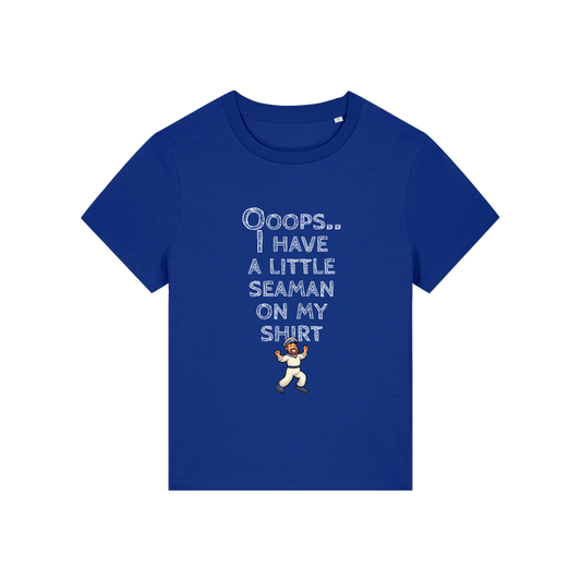 blue funny slogan t-shirt that reads' oops i have a little seaman on my shirt'