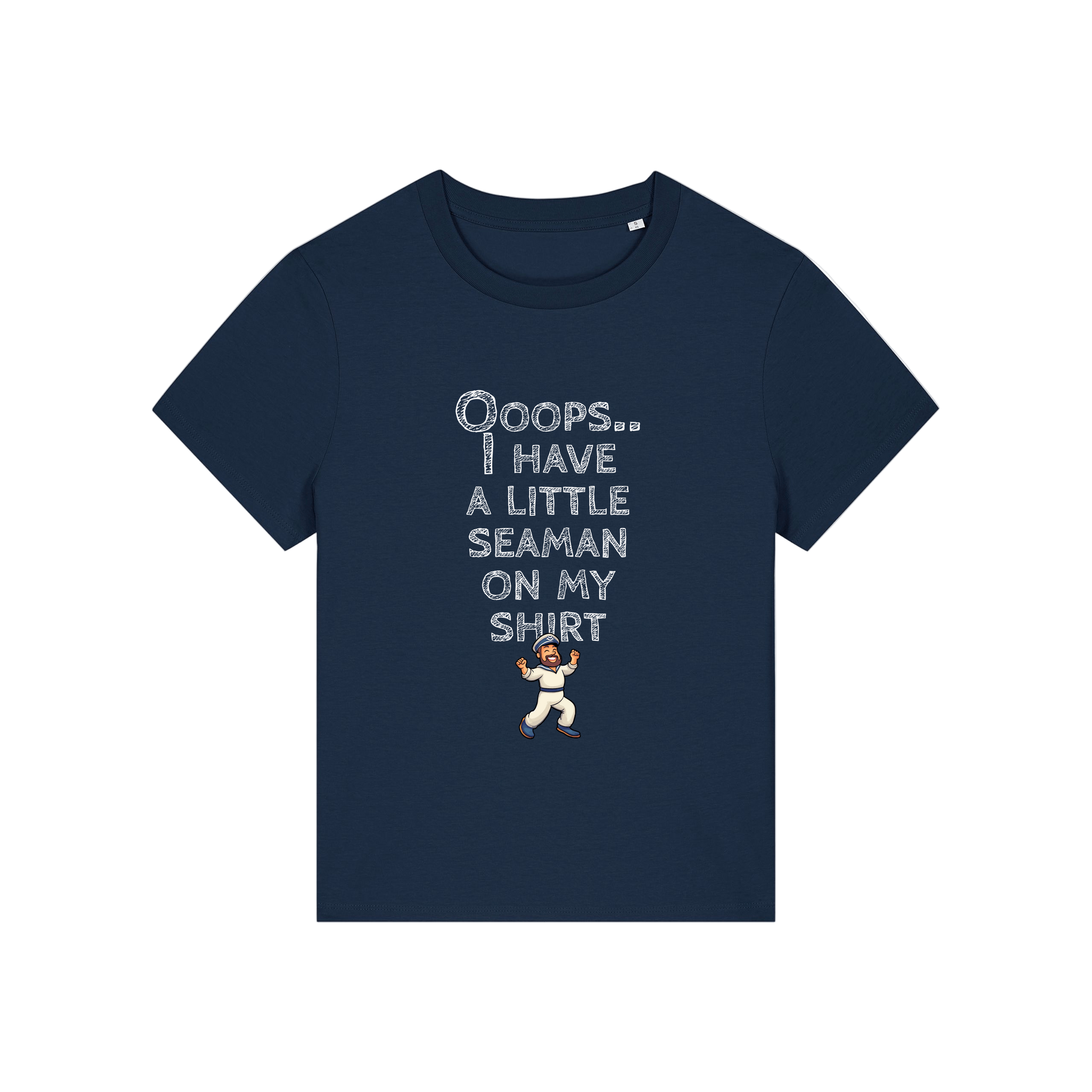 navy funny slogan t-shirt that reads' oops i have a little seaman on my shirt'