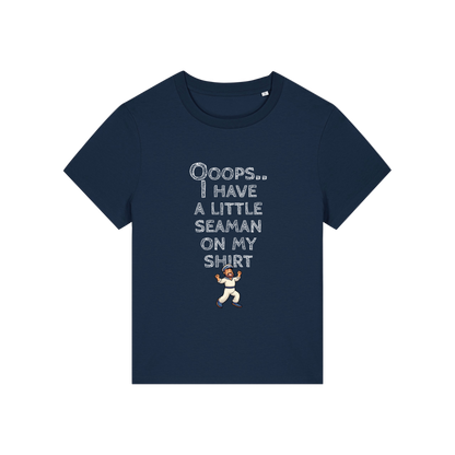 navy funny slogan t-shirt that reads' oops i have a little seaman on my shirt'
