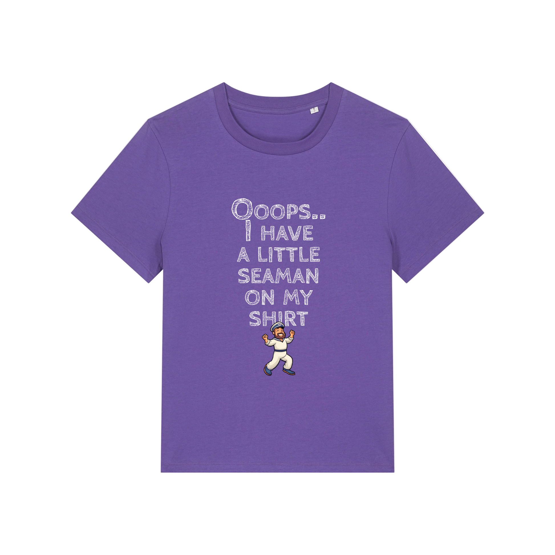 purple funny slogan t-shirt that reads' oops i have a little seaman on my shirt'
