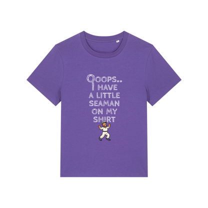 purple funny slogan t-shirt that reads' oops i have a little seaman on my shirt'