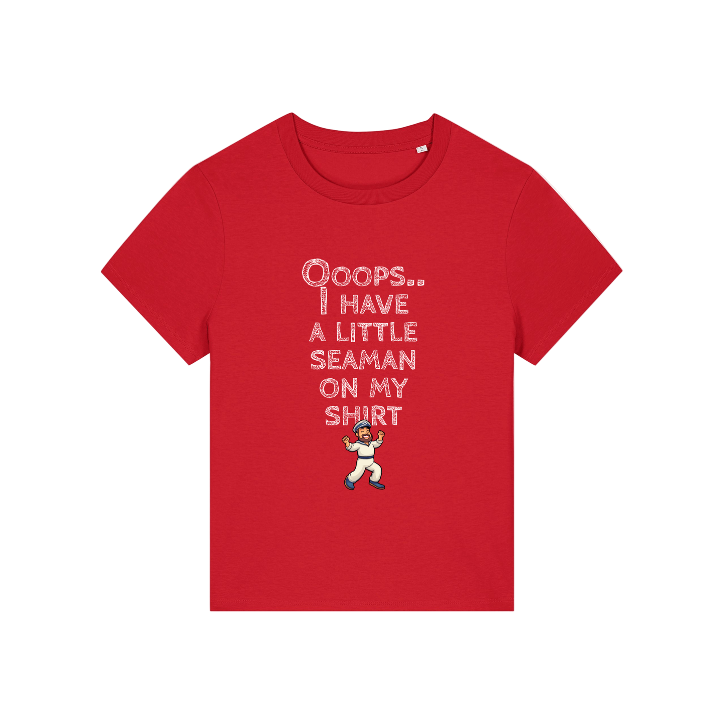 red funny slogan t-shirt that reads' oops i have a little seaman on my shirt'