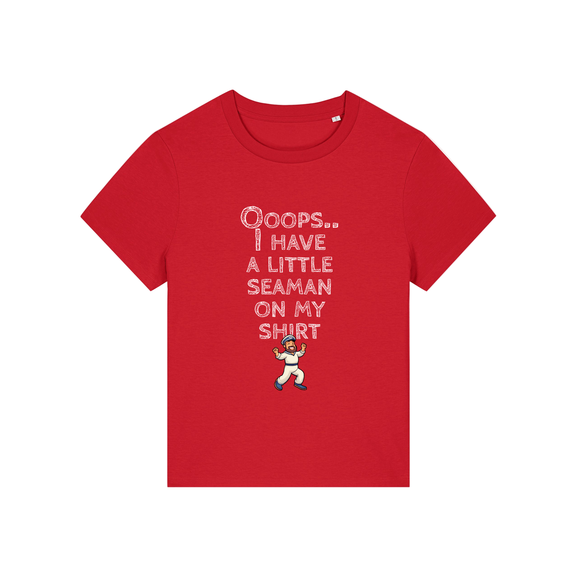 red funny slogan t-shirt that reads' oops i have a little seaman on my shirt'