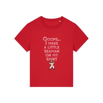 red funny slogan t-shirt that reads' oops i have a little seaman on my shirt'