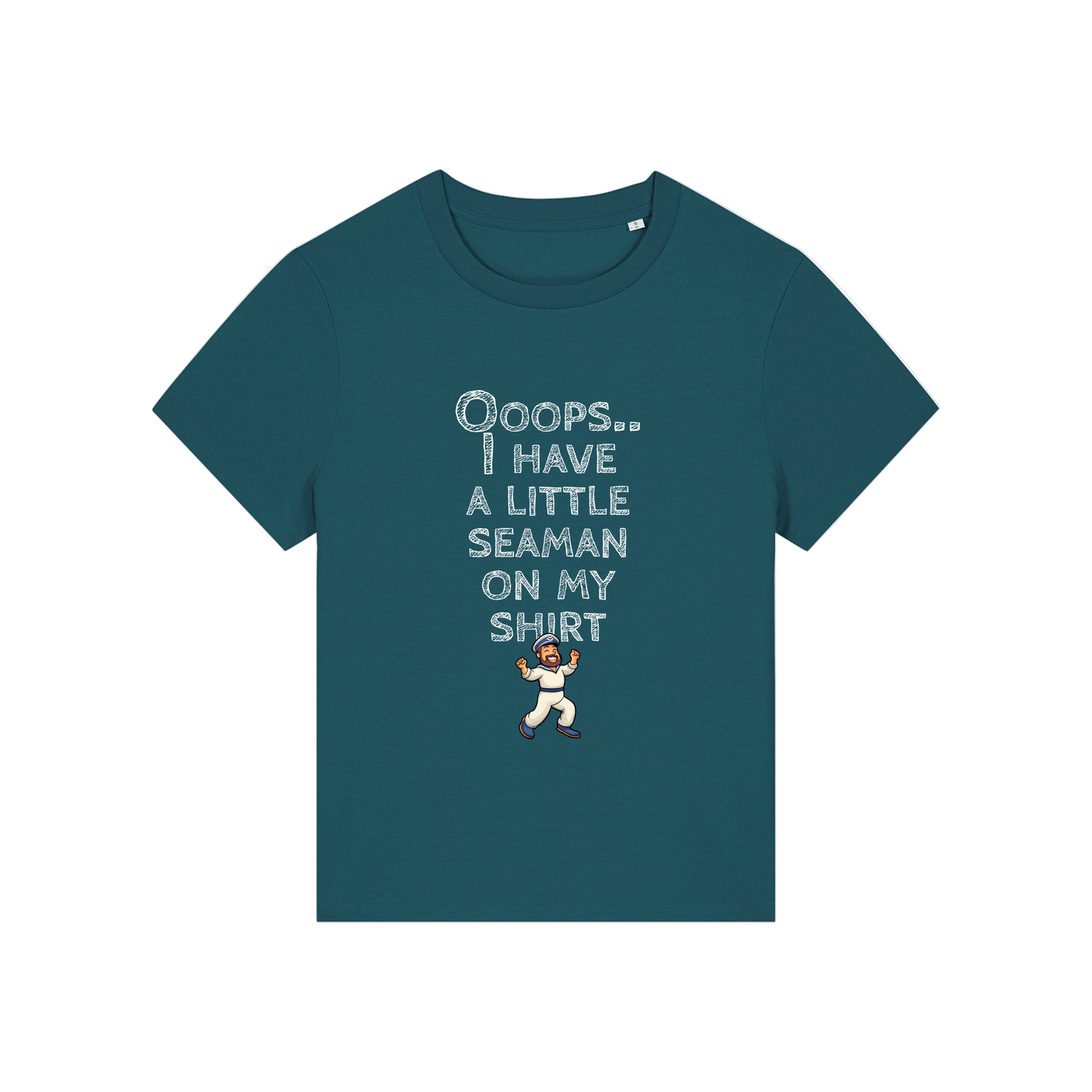 teal funny slogan t-shirt that reads' oops i have a little seaman on my shirt'