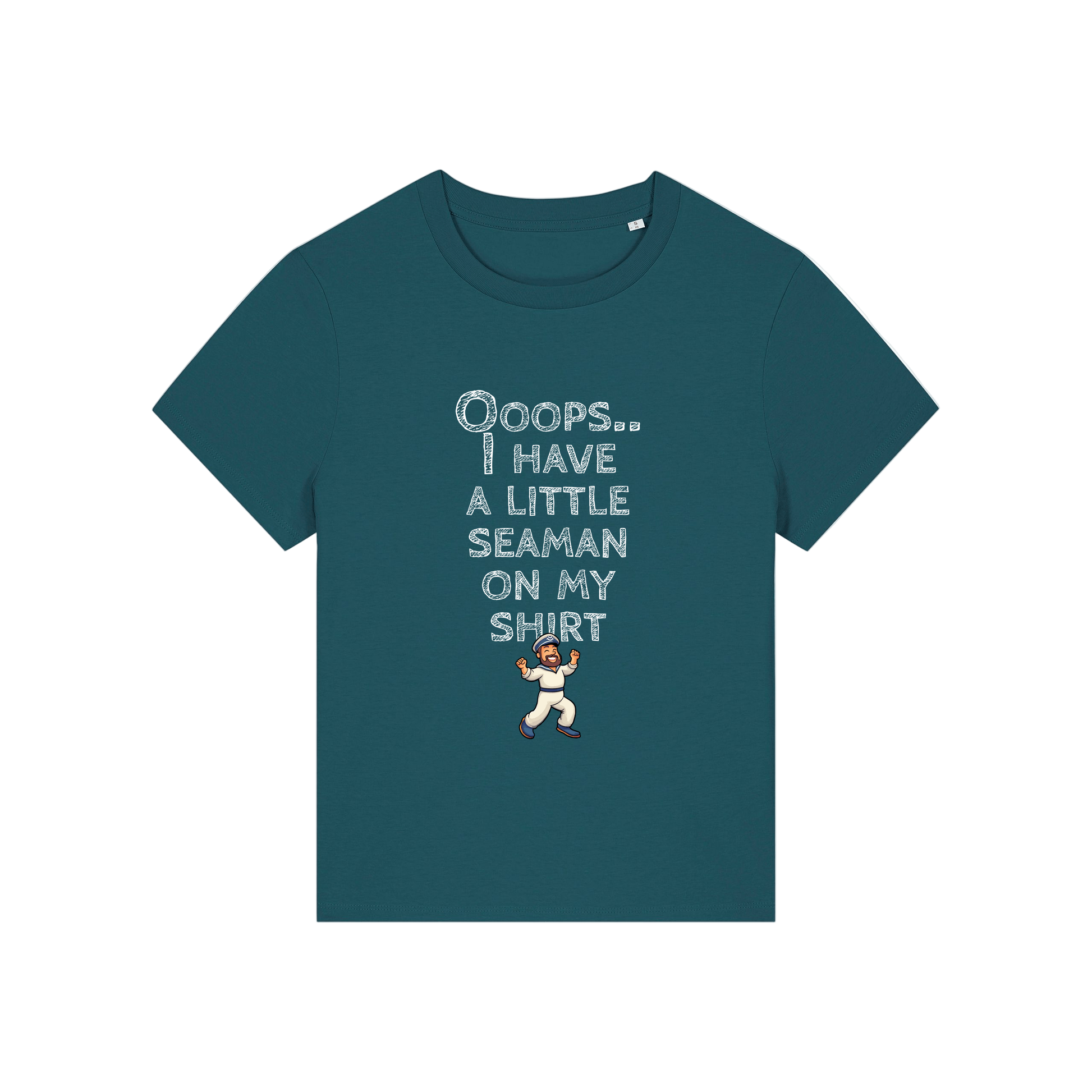 teal funny slogan t-shirt that reads' oops i have a little seaman on my shirt'