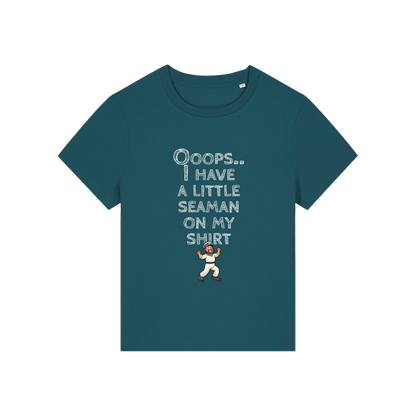 teal funny slogan t-shirt that reads' oops i have a little seaman on my shirt'