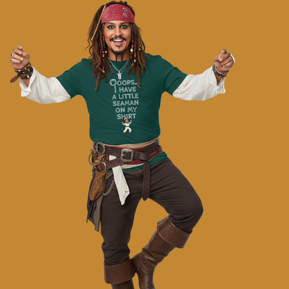 Person in pirate costume with green shirt and brown pants on a yellow background