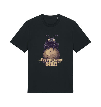 black funny offensive t-shirt with the graphic of a dung beetle and the slogan 'i've seen some shit'