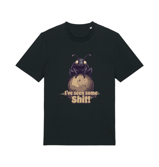 black funny offensive t-shirt with the graphic of a dung beetle and the slogan 'i've seen some shit'