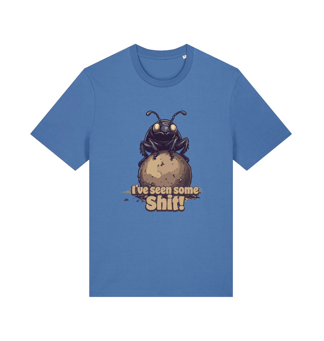 blue funny offensive t-shirt with the graphic of a dung beetle and the slogan 'i've seen some shit'