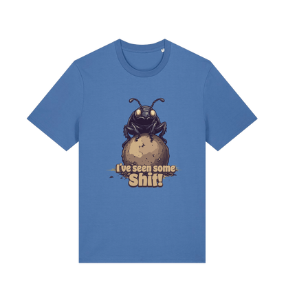 blue funny offensive t-shirt with the graphic of a dung beetle and the slogan 'i've seen some shit'