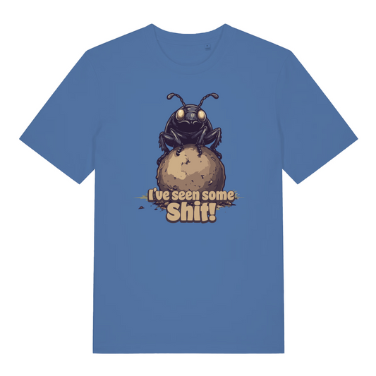 blue funny offensive t-shirt with the graphic of a dung beetle and the slogan 'i've seen some shit'
