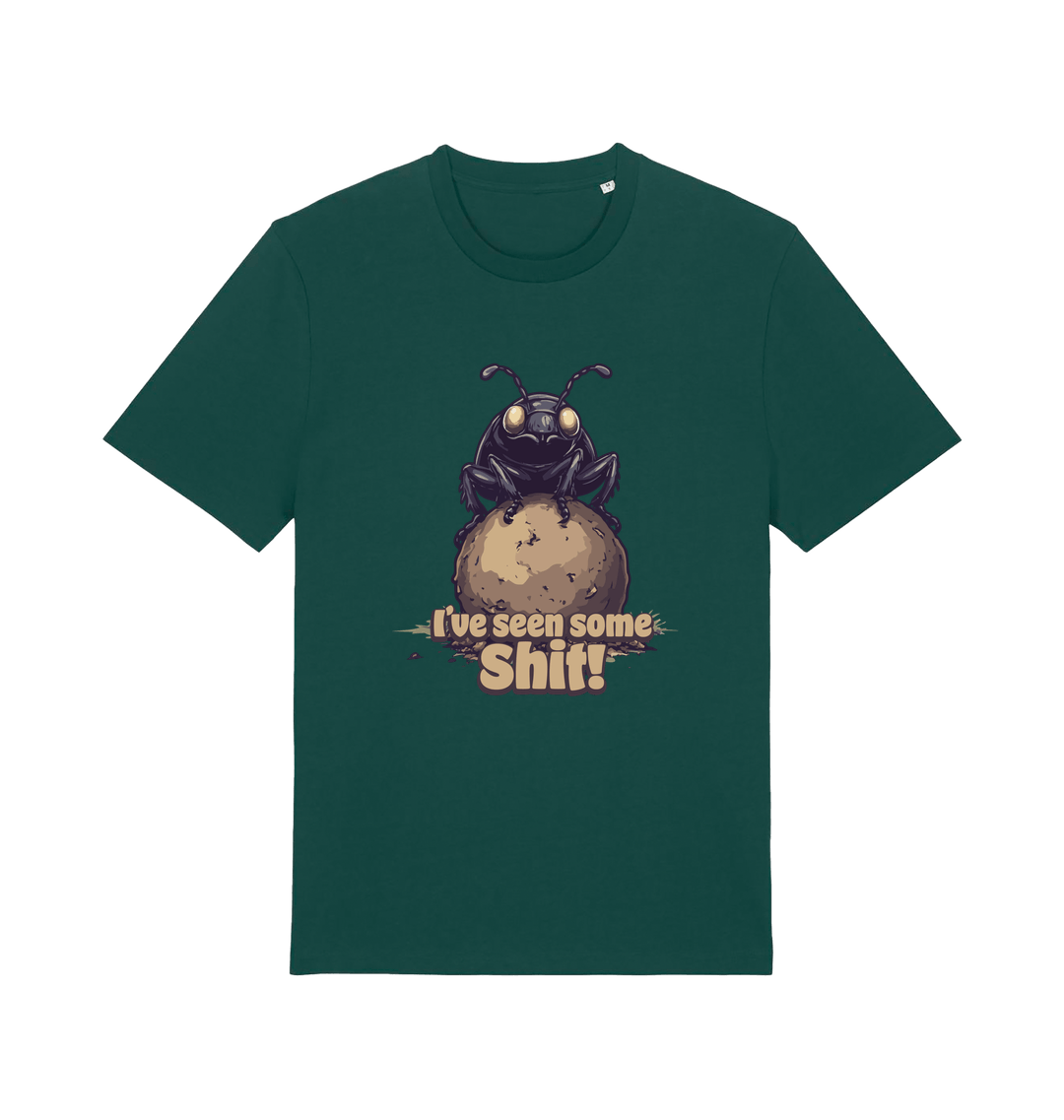 green funny offensive t-shirt with the graphic of a dung beetle and the slogan 'i've seen some shit'
