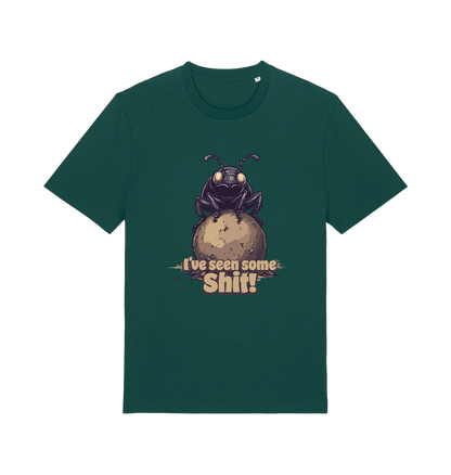 green funny offensive t-shirt with the graphic of a dung beetle and the slogan 'i've seen some shit'