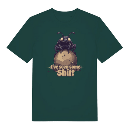 green funny offensive t-shirt with the graphic of a dung beetle and the slogan 'i've seen some shit'