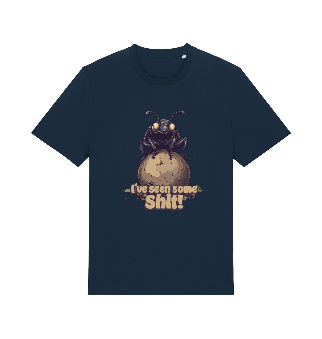 navy funny offensive t-shirt with the graphic of a dung beetle and the slogan 'i've seen some shit'