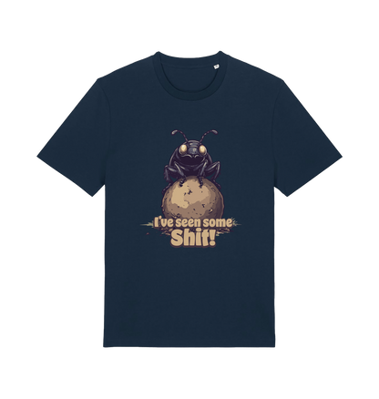 navy funny offensive t-shirt with the graphic of a dung beetle and the slogan 'i've seen some shit'