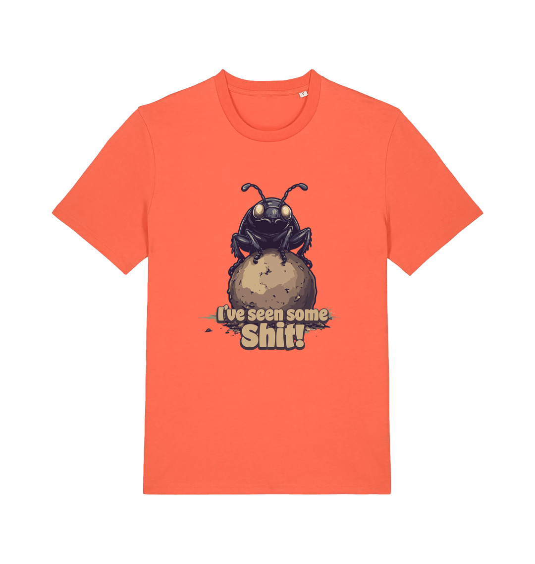 orange funny offensive t-shirt with the graphic of a dung beetle and the slogan 'i've seen some shit'