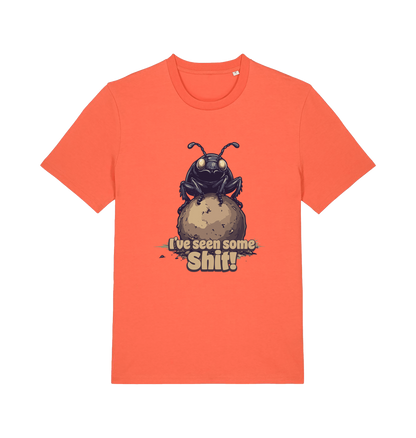 orange funny offensive t-shirt with the graphic of a dung beetle and the slogan 'i've seen some shit'