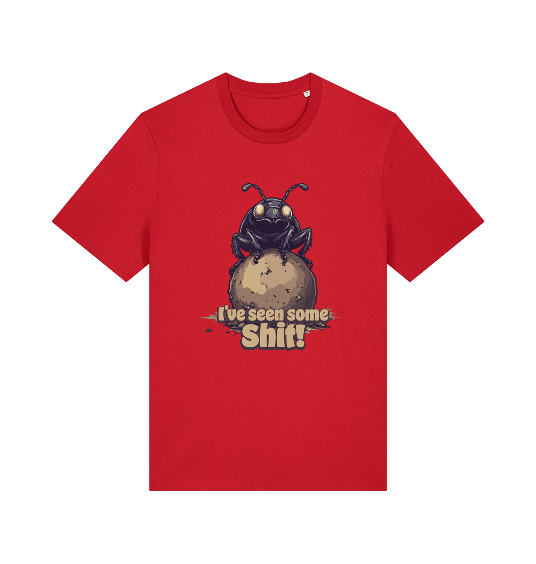 red funny offensive t-shirt with the graphic of a dung beetle and the slogan 'i've seen some shit'