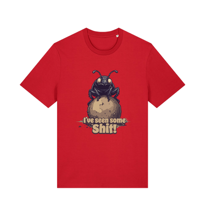 red funny offensive t-shirt with the graphic of a dung beetle and the slogan 'i've seen some shit'