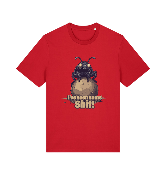 red funny offensive t-shirt with the graphic of a dung beetle and the slogan 'i've seen some shit'