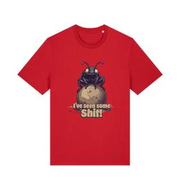 red funny offensive t-shirt with the graphic of a dung beetle and the slogan 'i've seen some shit'