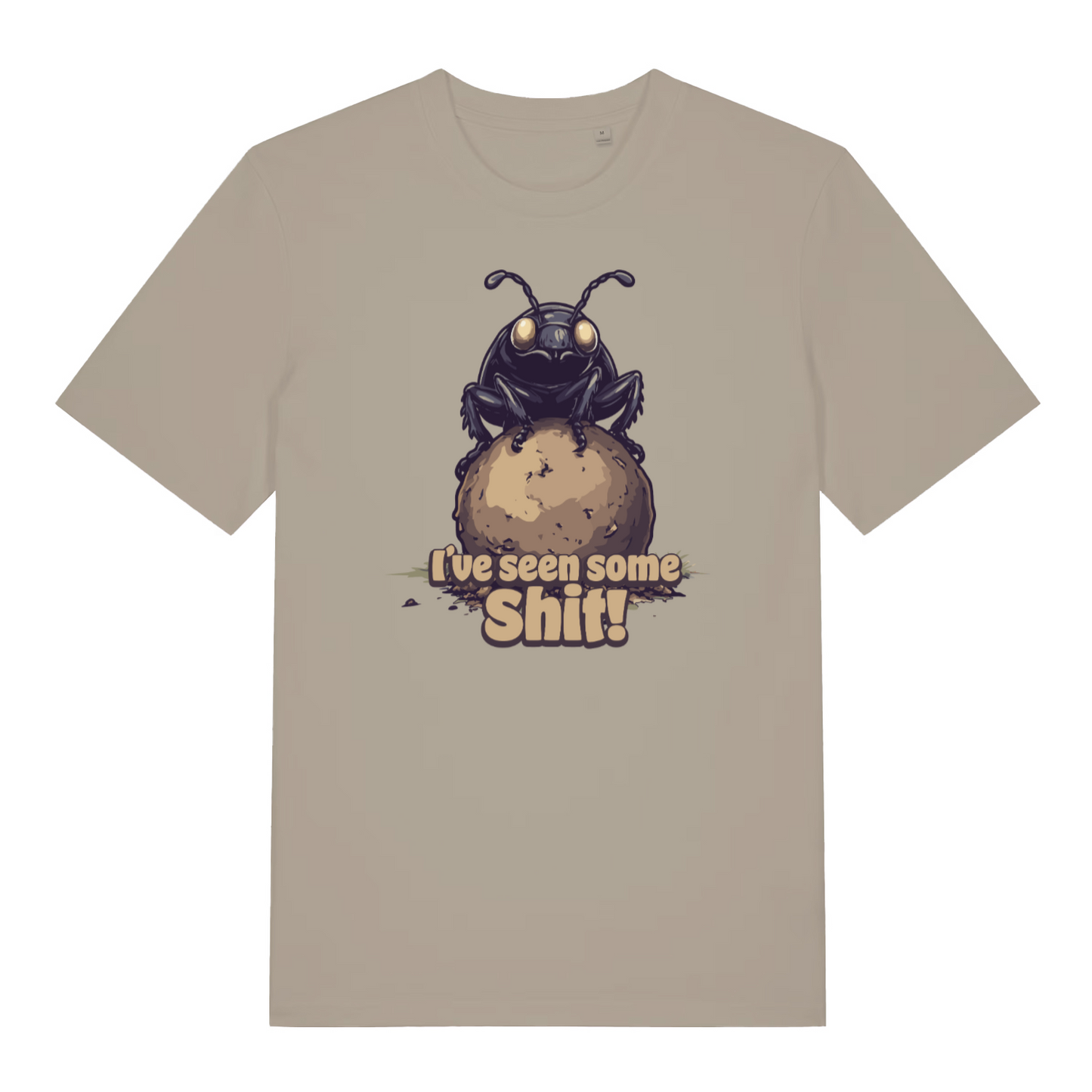stone funny offensive t-shirt with the graphic of a dung beetle and the slogan 'i've seen some shit'