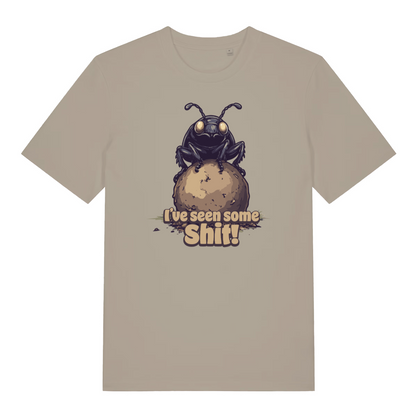 stone funny offensive t-shirt with the graphic of a dung beetle and the slogan 'i've seen some shit'