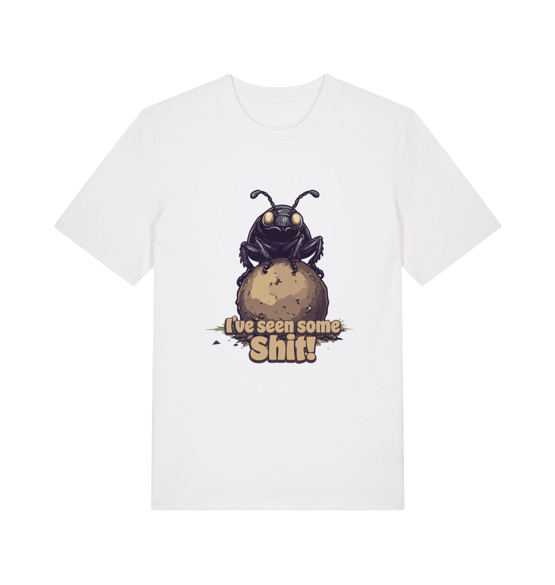 white funny offensive t-shirt with the graphic of a dung beetle and the slogan 'i've seen some shit'