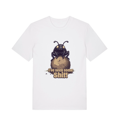 white funny offensive t-shirt with the graphic of a dung beetle and the slogan 'i've seen some shit'