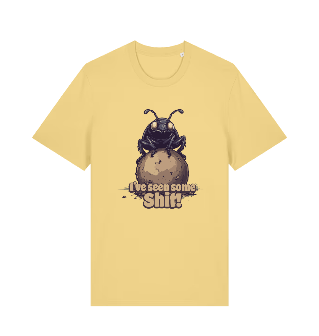 yellow funny offensive t-shirt with the graphic of a dung beetle and the slogan 'i've seen some shit'