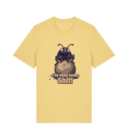 yellow funny offensive t-shirt with the graphic of a dung beetle and the slogan 'i've seen some shit'