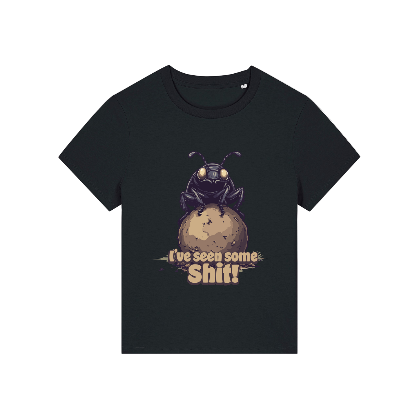 black funny animal t-shirt with the graphic of a dung beetle and the slogan 'i've seen some shit'