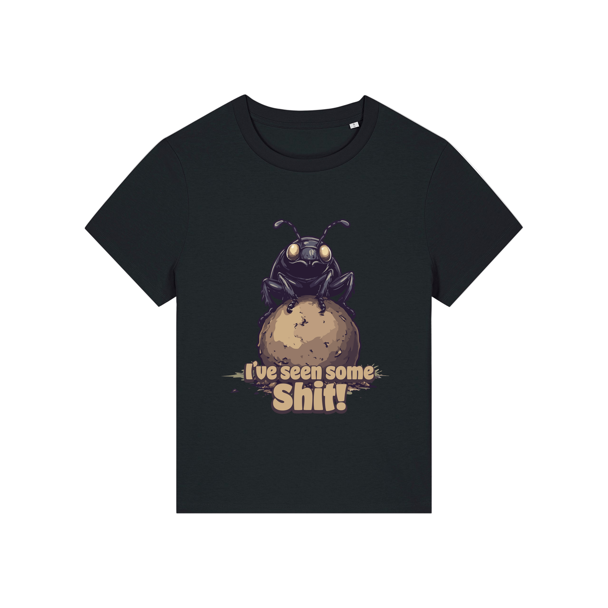 black funny animal t-shirt with the graphic of a dung beetle and the slogan 'i've seen some shit'
