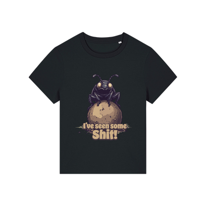 black funny animal t-shirt with the graphic of a dung beetle and the slogan 'i've seen some shit'
