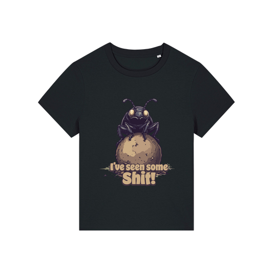 black funny animal t-shirt with the graphic of a dung beetle and the slogan 'i've seen some shit'
