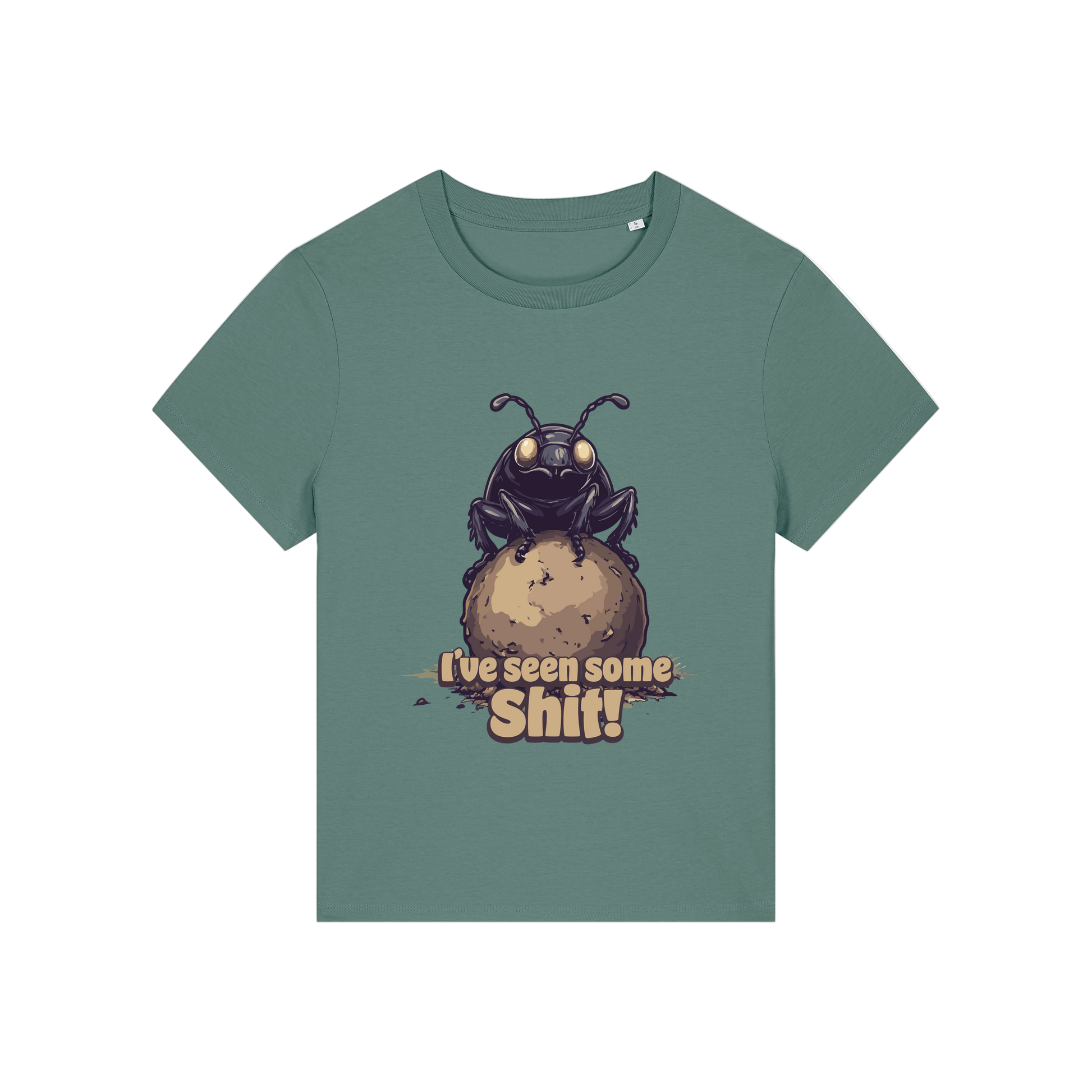 green funny animal t-shirt with the graphic of a dung beetle and the slogan 'i've seen some shit'