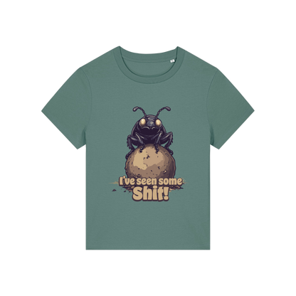 green funny animal t-shirt with the graphic of a dung beetle and the slogan 'i've seen some shit'